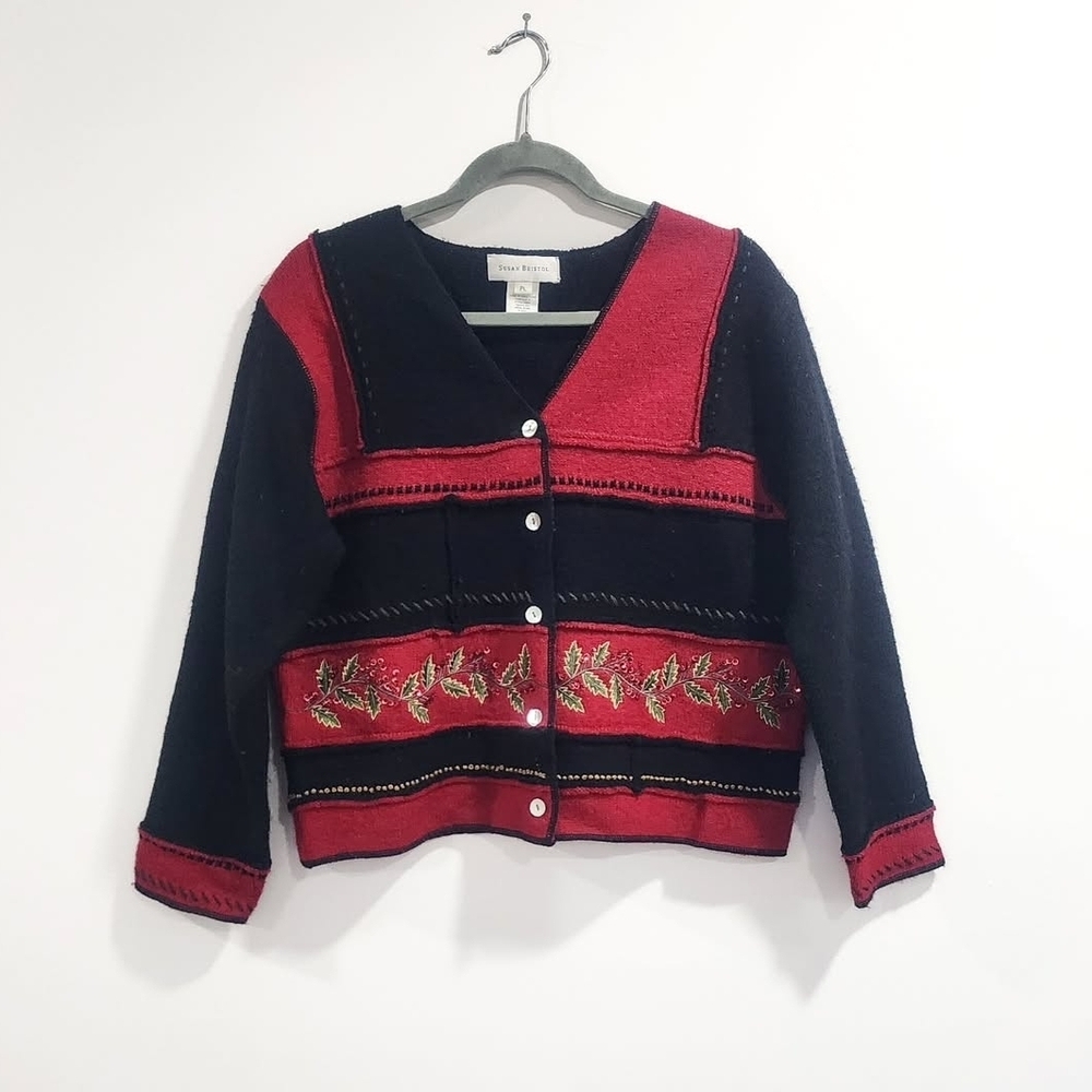 Vintage Susan Bristol Black and Red Wool Cardigan Christmas Holly Size Large P